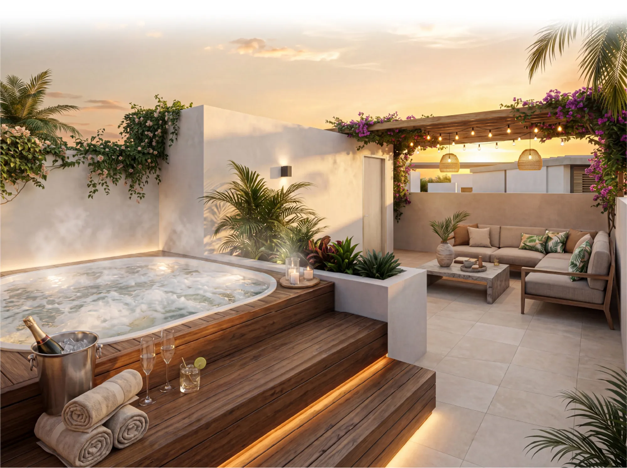 Terraza privada con jacuzzi Rooftop Collection al atardecer en Cartagena